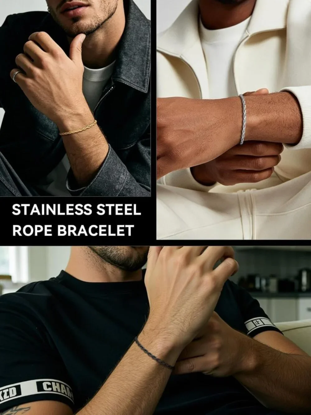 Stylish Twisted Rope Chain Bracelet for Men - Silver/Black/Gold, Multiple